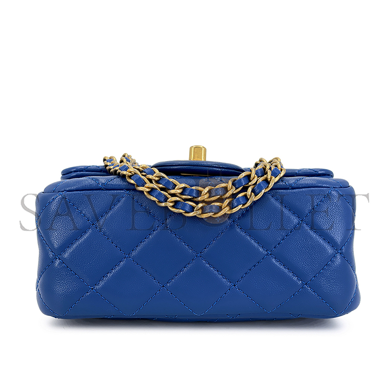Ch*el blue quilted lambskin pearl crush square mini flap bag aged gold hardware as1786 (18*13*7cm)